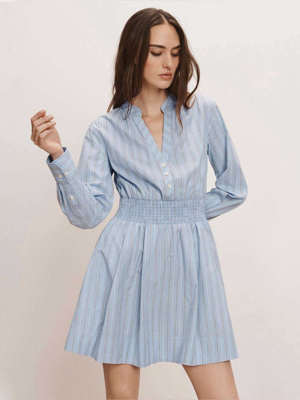 Schor Mini Shirtdress – Blue Striped Smocked-Waist Dress | NWT